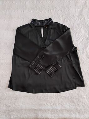 Bold Elements Studded Satin V-Neck Choker Blouse